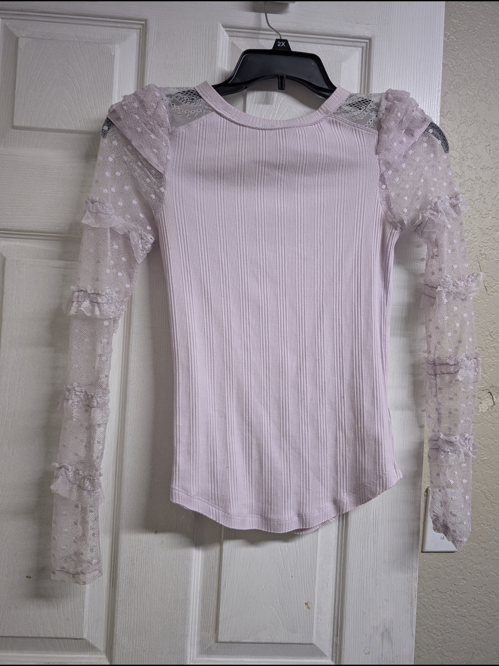 Chelsea & Violet Light Pink Ribbed Top with Sheer Dot Lace Sleeves